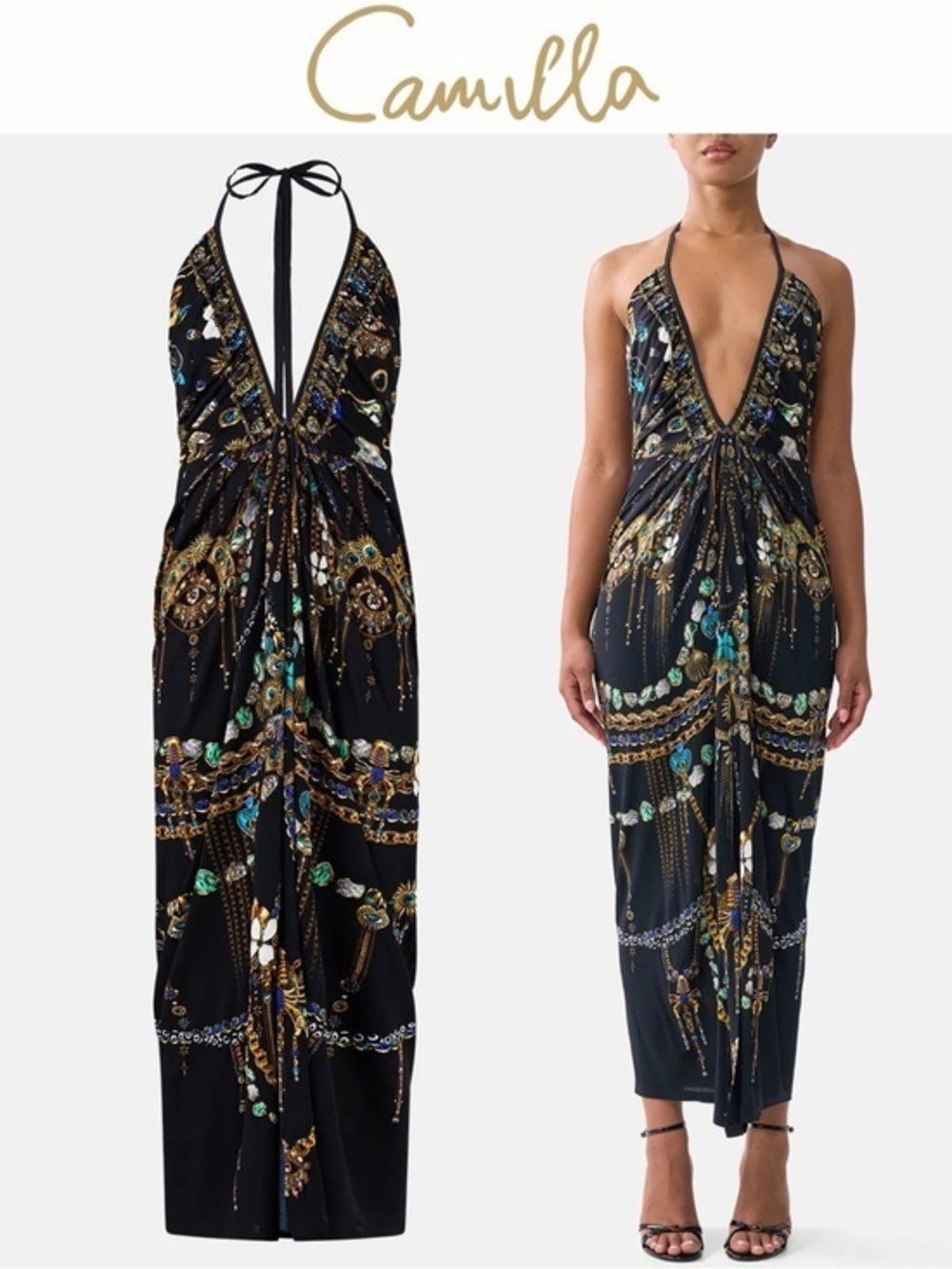 Camilla Amulets & Alchemy Print Gathered Jersey Halter Neck Dress Sz M  $650 NWT